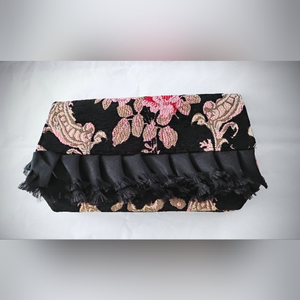 Floral Embroidered Black Clutch with Pink Accents